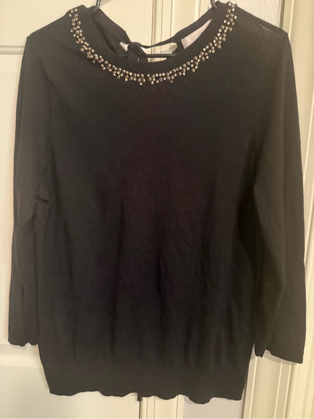 LOFT Black Crewneck Sweater with Beaded Neckline